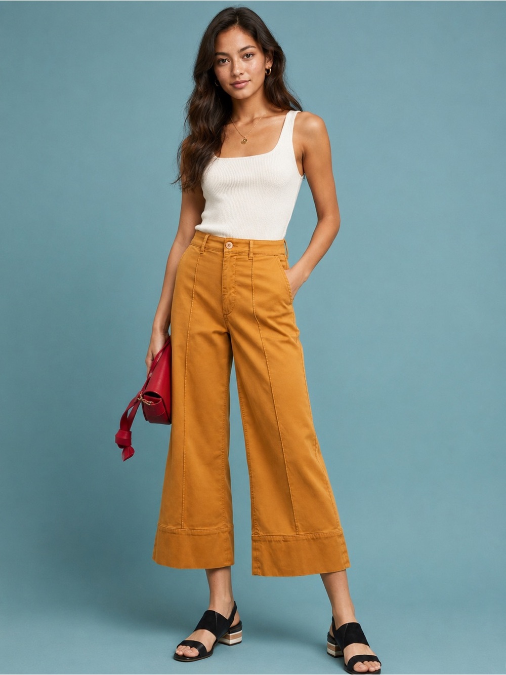Anthropologie Chino Mustard Wide Leg Crop Pants Size 8 High Rise Culottes